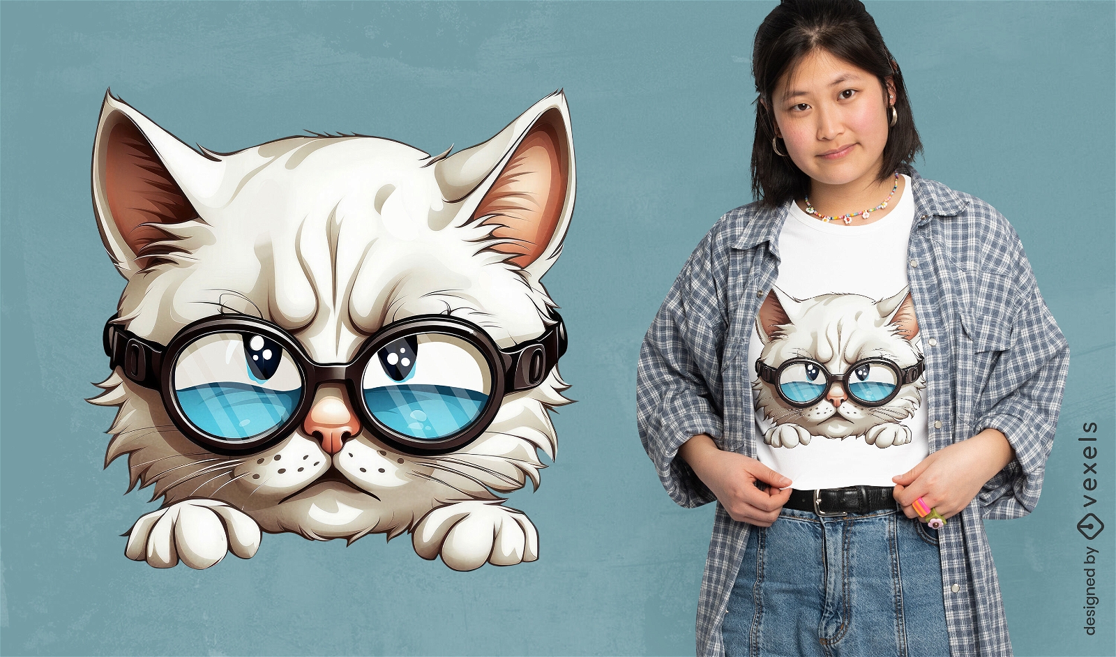 Diseño de camiseta de gato con gafas tristes.