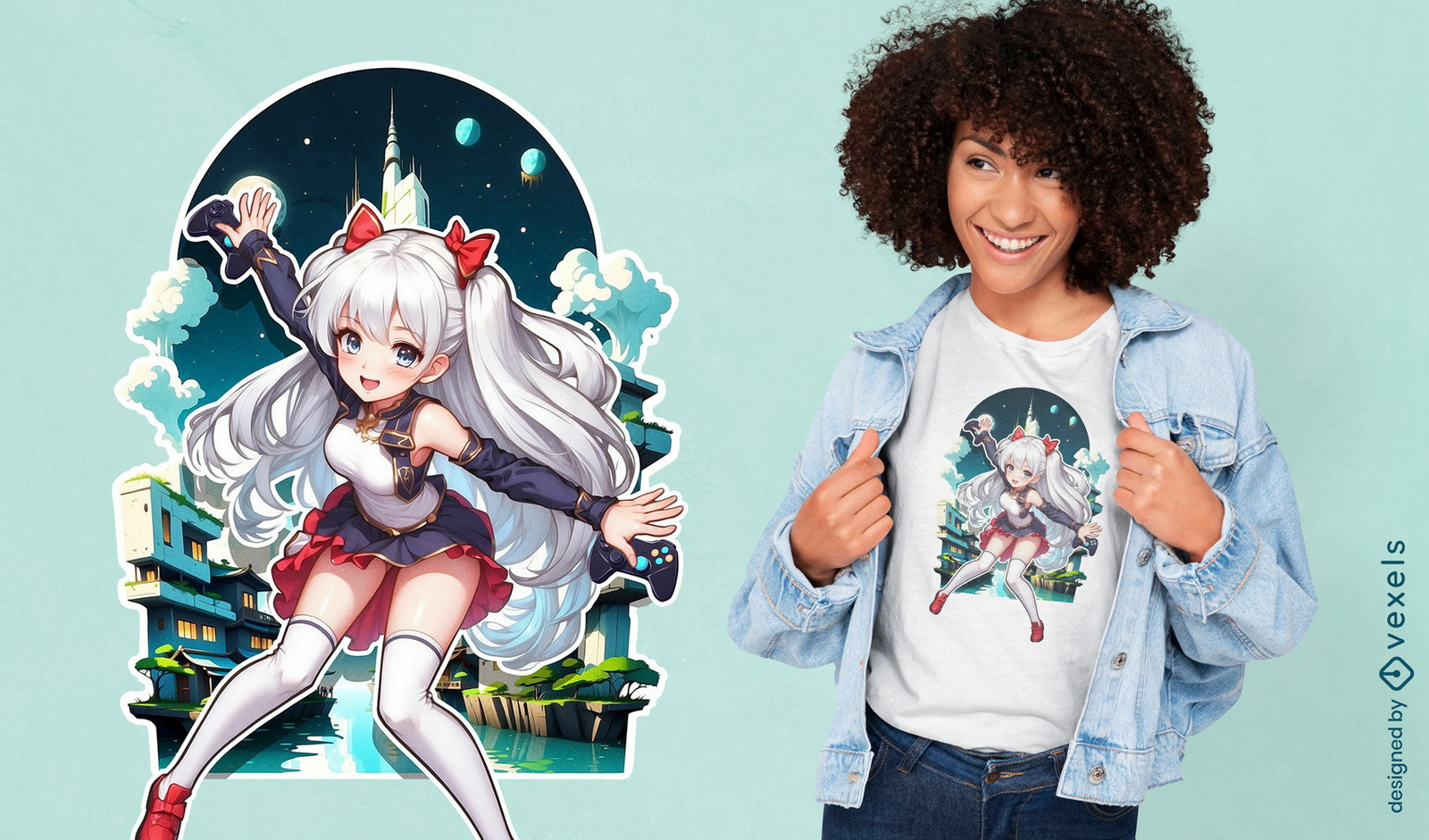 Diseño de camiseta con ilustración de chica anime.