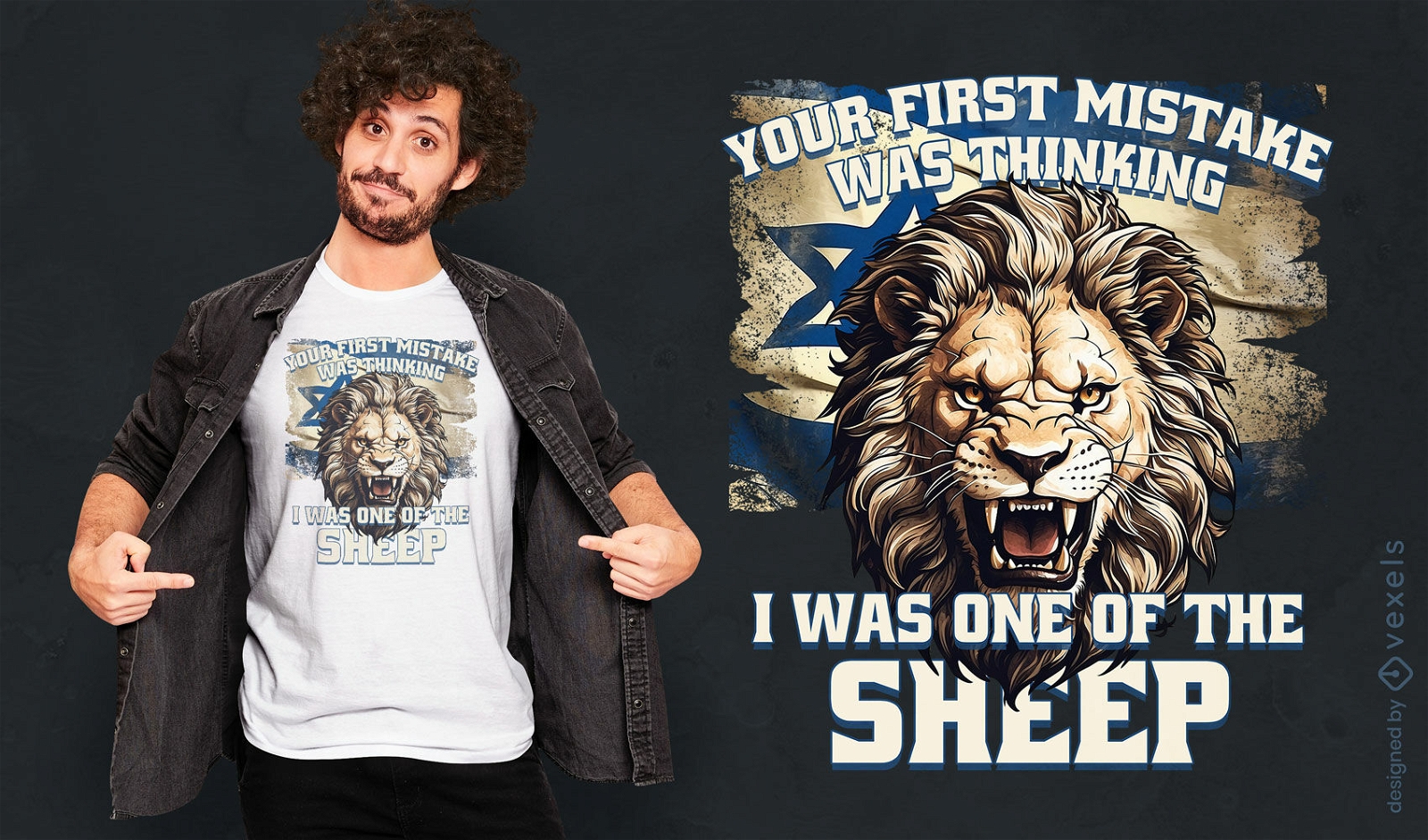 Diseño de camiseta con cita de león feroz.