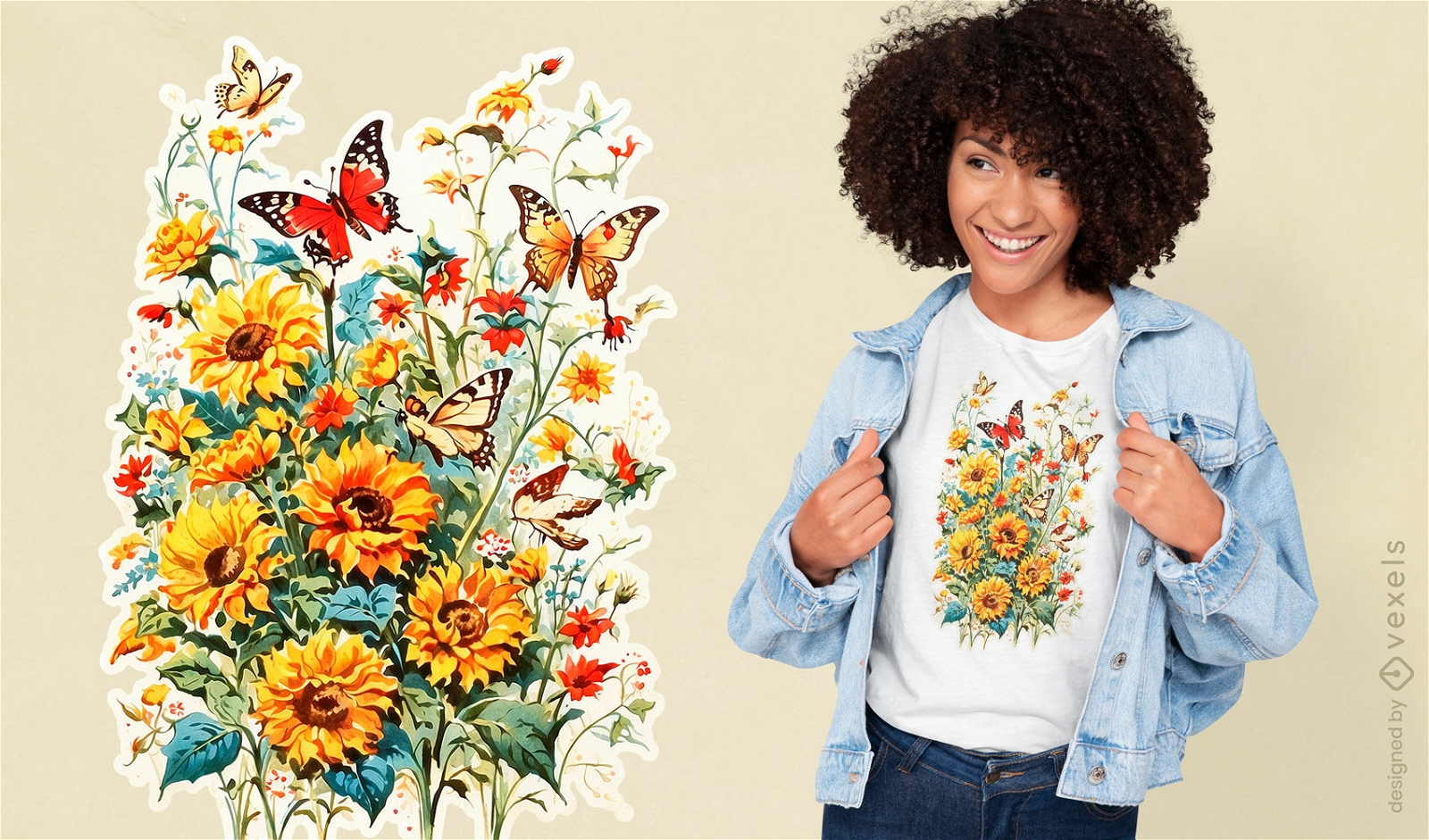 Design de camiseta com borboleta em volta de flores