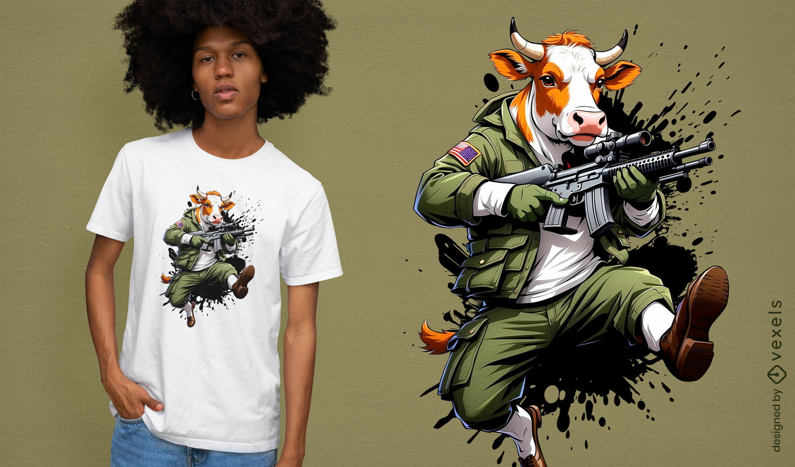 Diseño de camiseta de personaje de vaca armada.