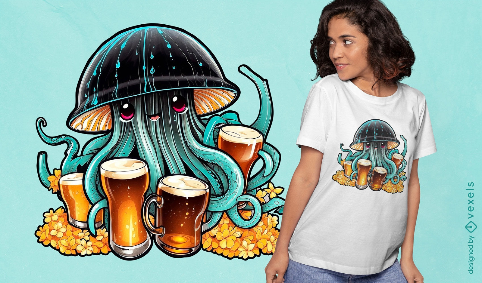 Diseño de camiseta de medusas y cervezas.