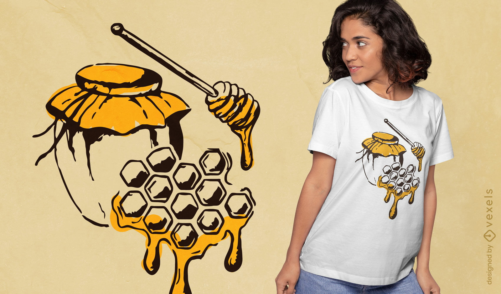 Diseño de camiseta de panal y tarro de miel.