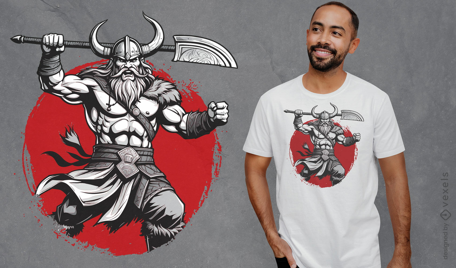 Diseño de camiseta de guerrero vikingo con fondo rojo.