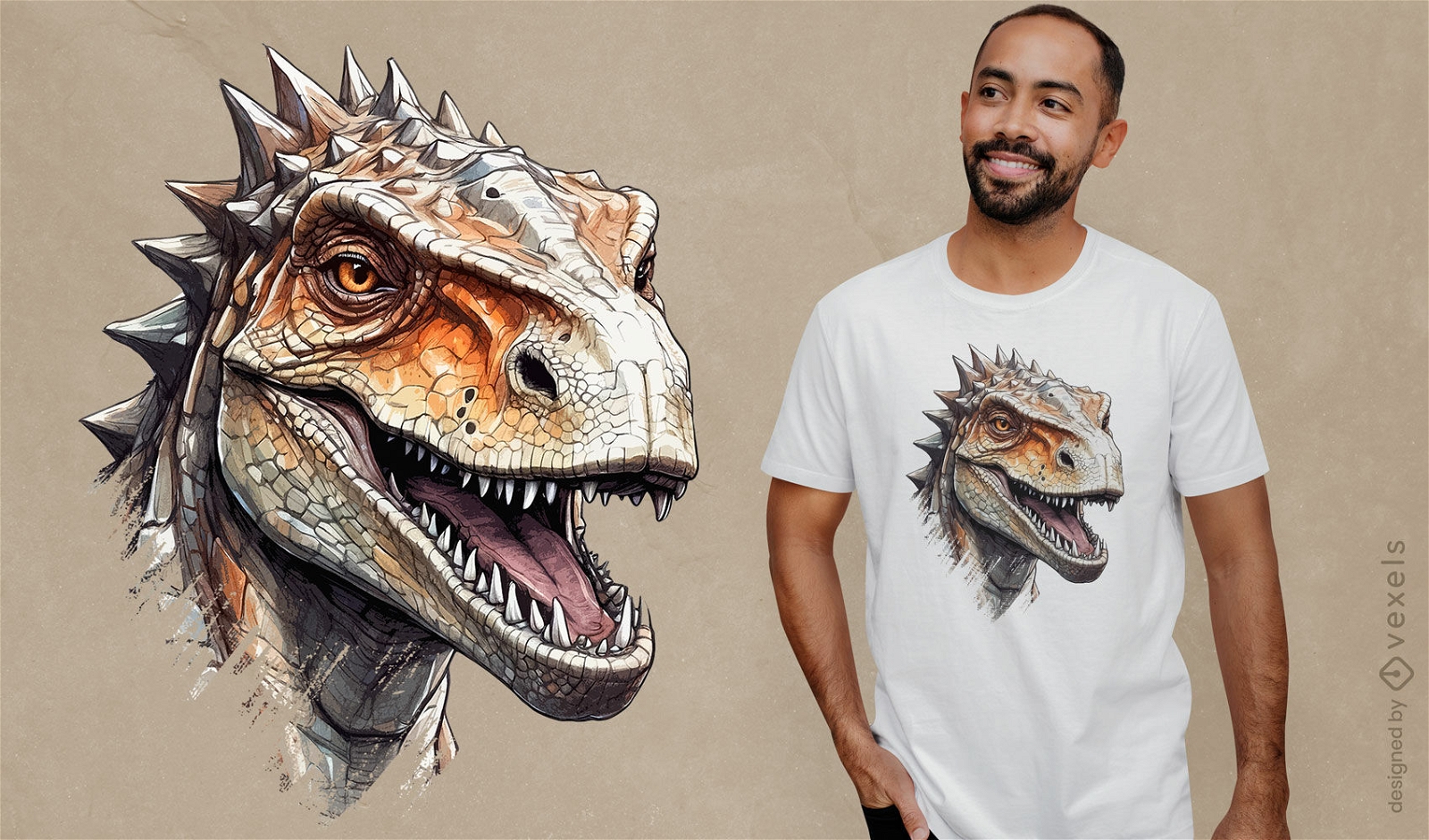Diseño detallado de camiseta con cabeza de dinosaurio.
