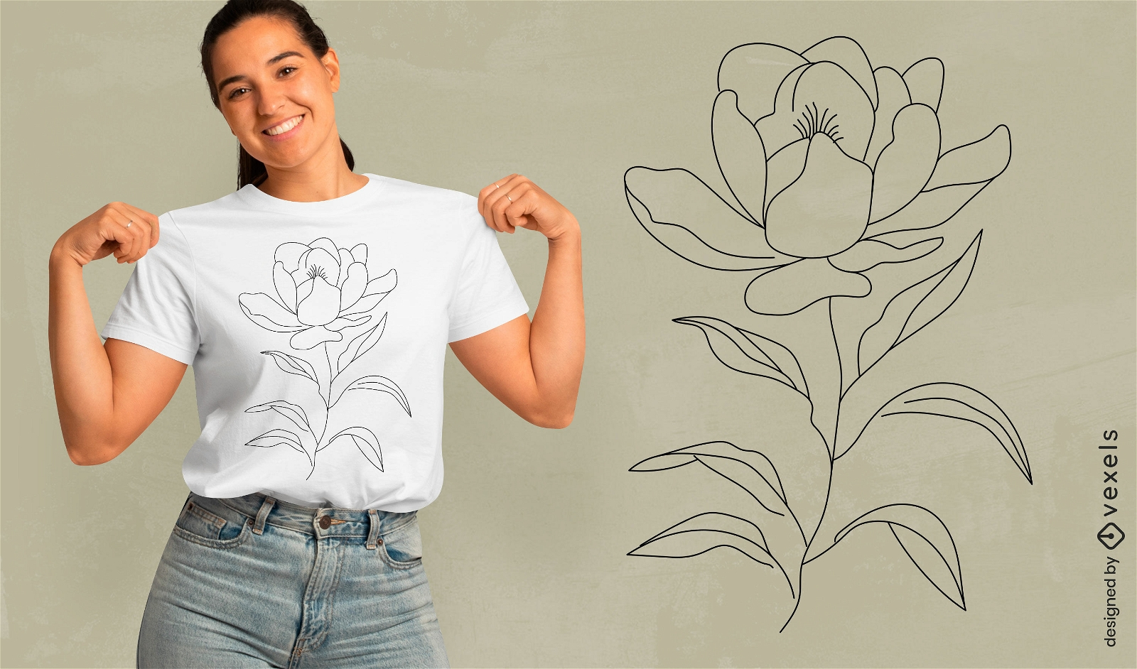 Diseño de camiseta con arte lineal de flor de magnolia.