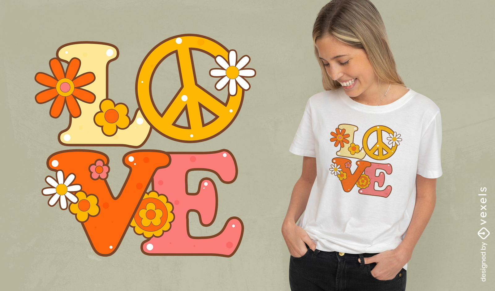 Design gráfico de camiseta com amor e paz