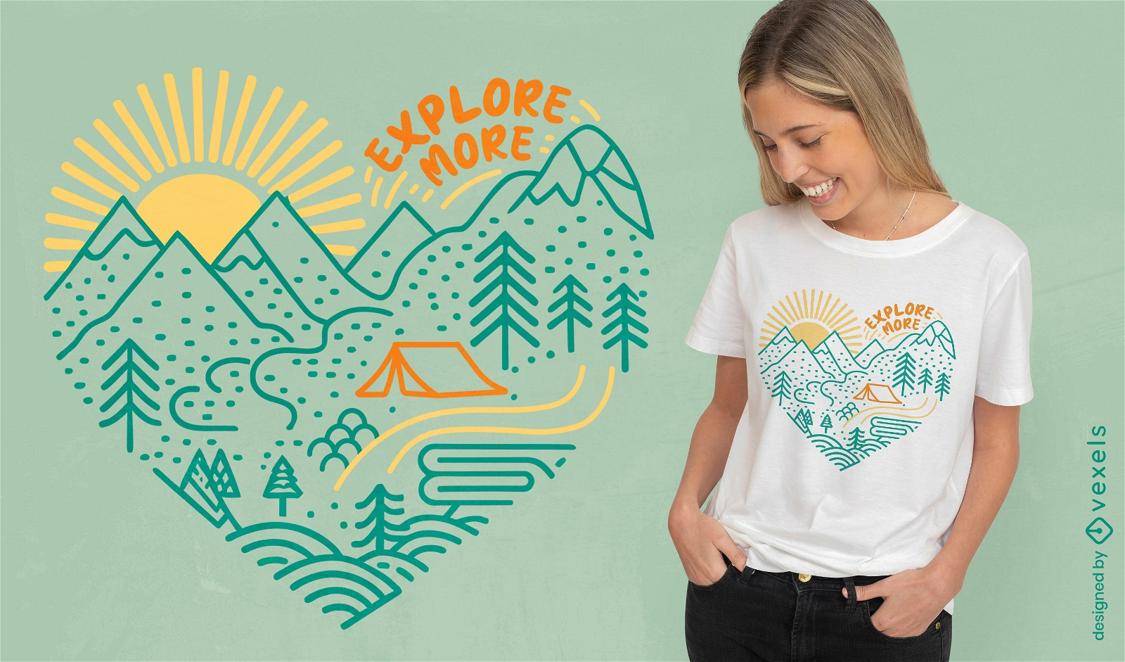 Diseño de camiseta con escena de camping en forma de corazón.