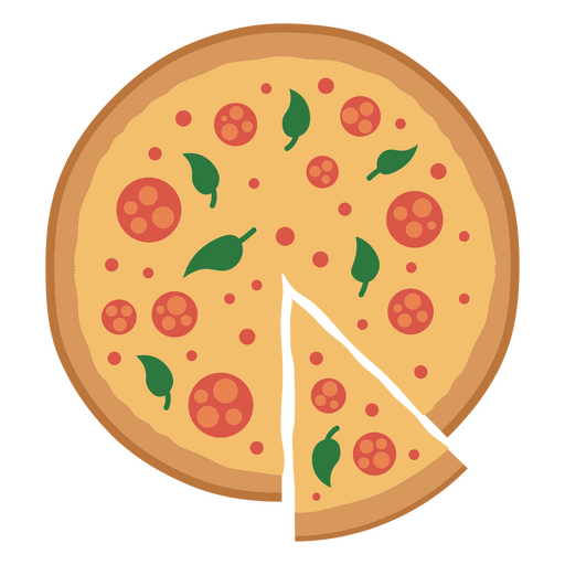Playful pizza illustration with pepperoni and basil leaves PNG Design