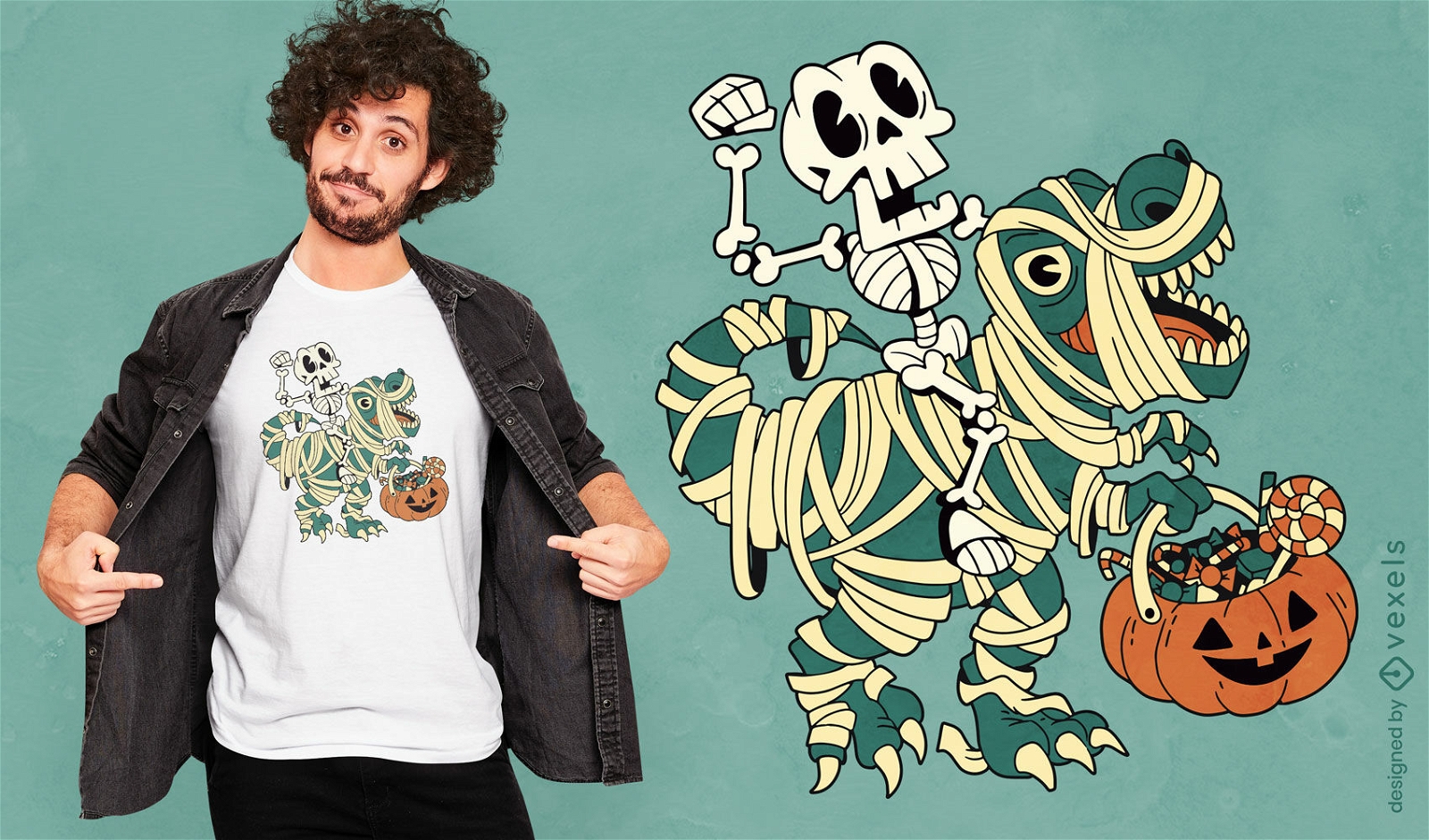 Diseño de camiseta de momia de dinosaurio esqueleto.