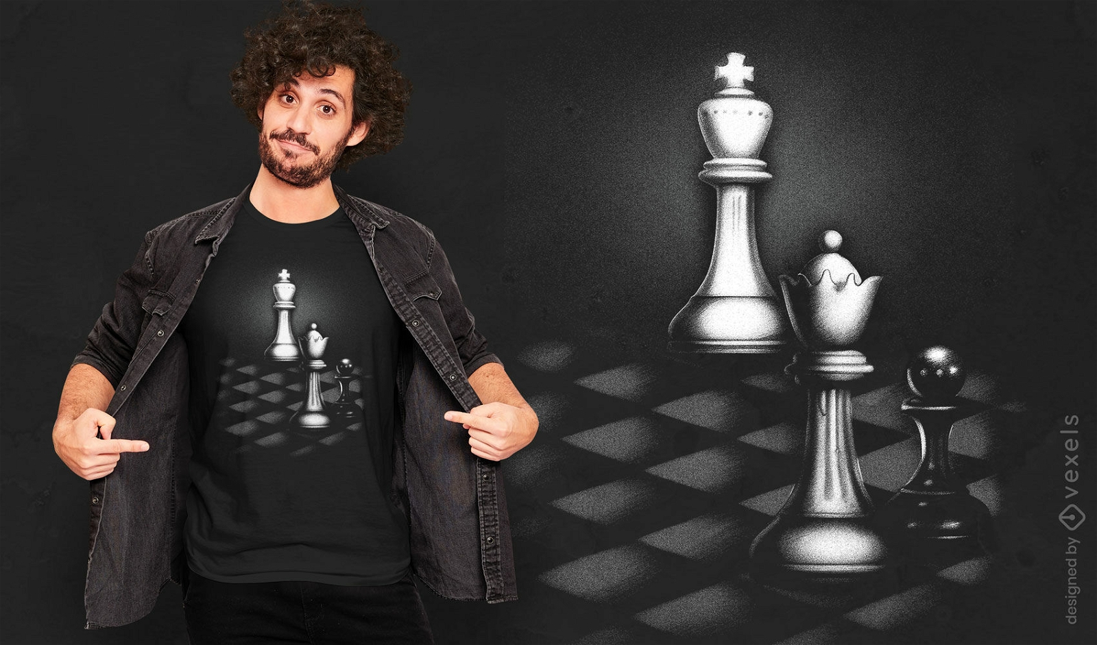 Diseño de camiseta de piezas de ajedrez en las sombras.