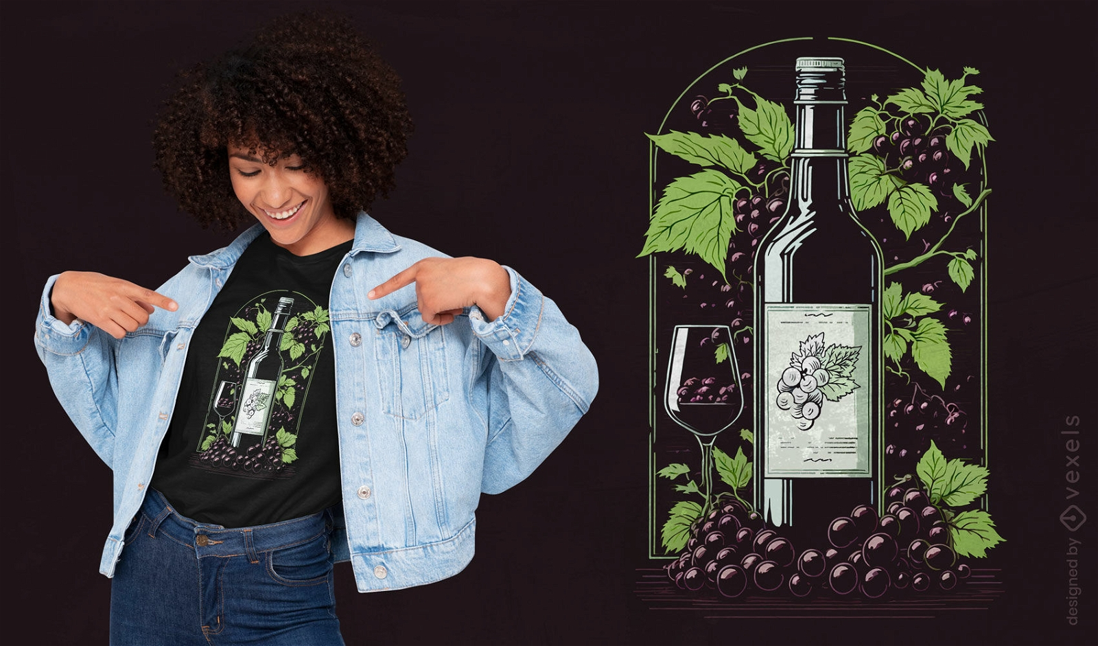 Design de camiseta com vinho e uvas