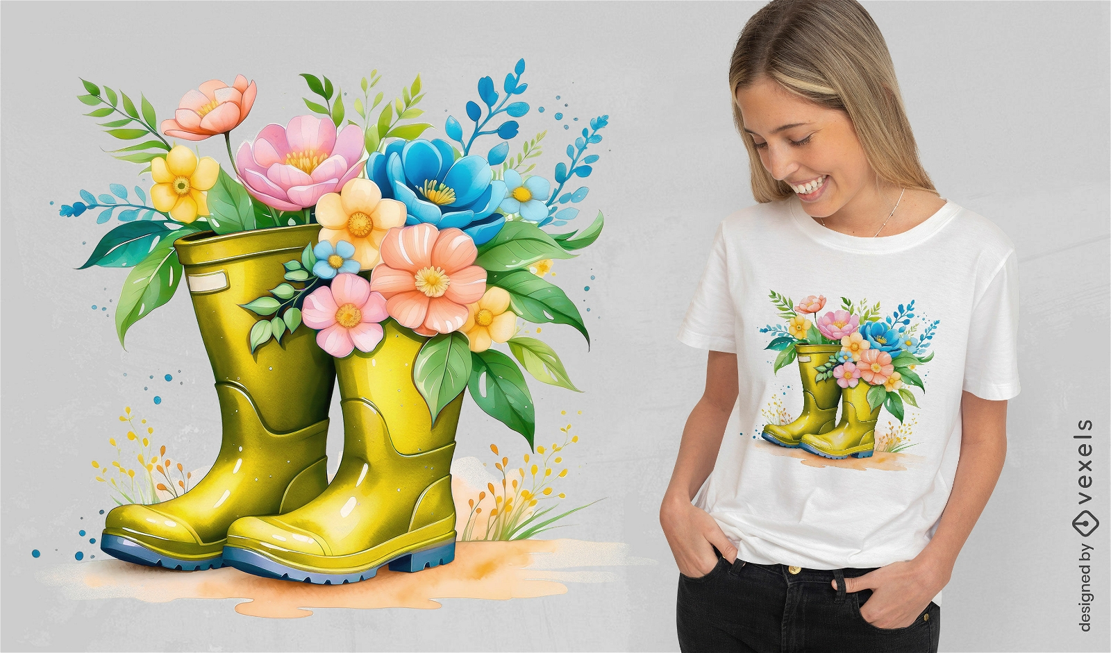 Design de camisetas com botas de borracha e flores