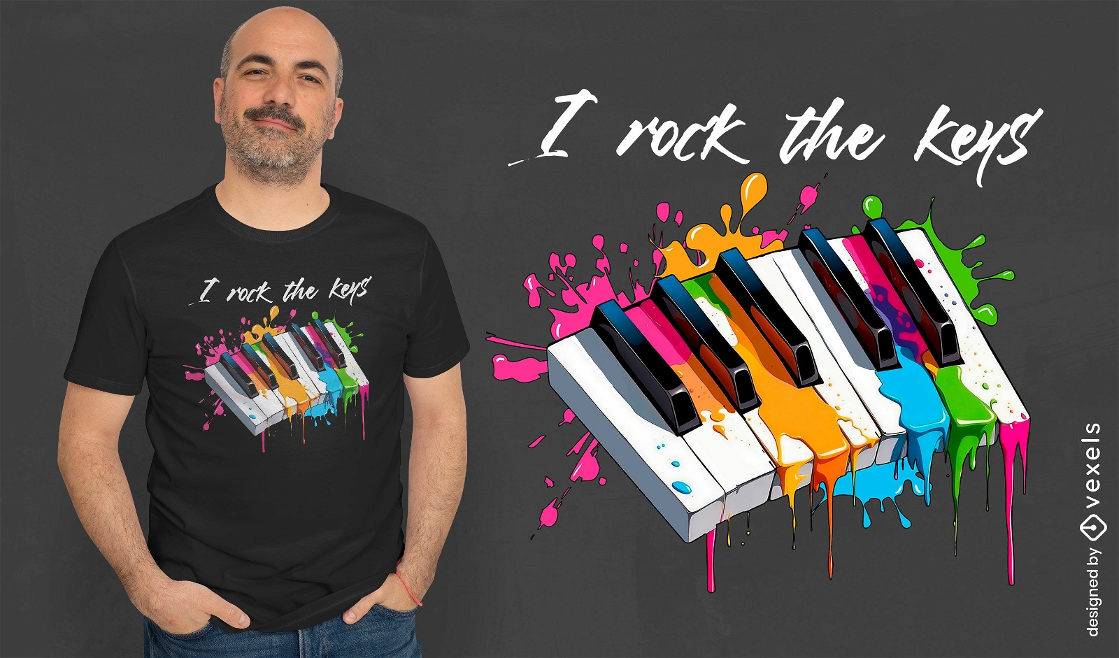 Diseño de camiseta colorida con teclas de piano.