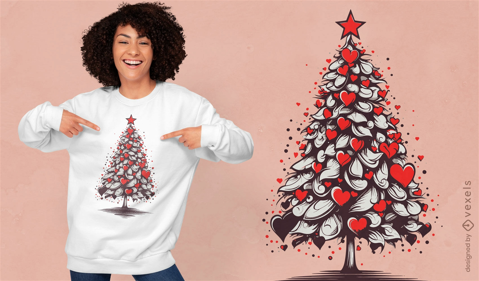 Diseño de camiseta de árbol de Navidad de corazones.