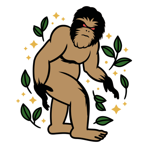 Bigfoot con ojos rojos y hojas verdes. Diseño PNG