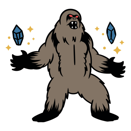 Bigfoot con ojos rojos y cristales azules. Diseño PNG