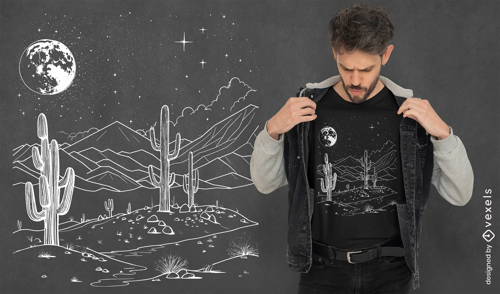 Diseño de camiseta de desierto y cactus.
