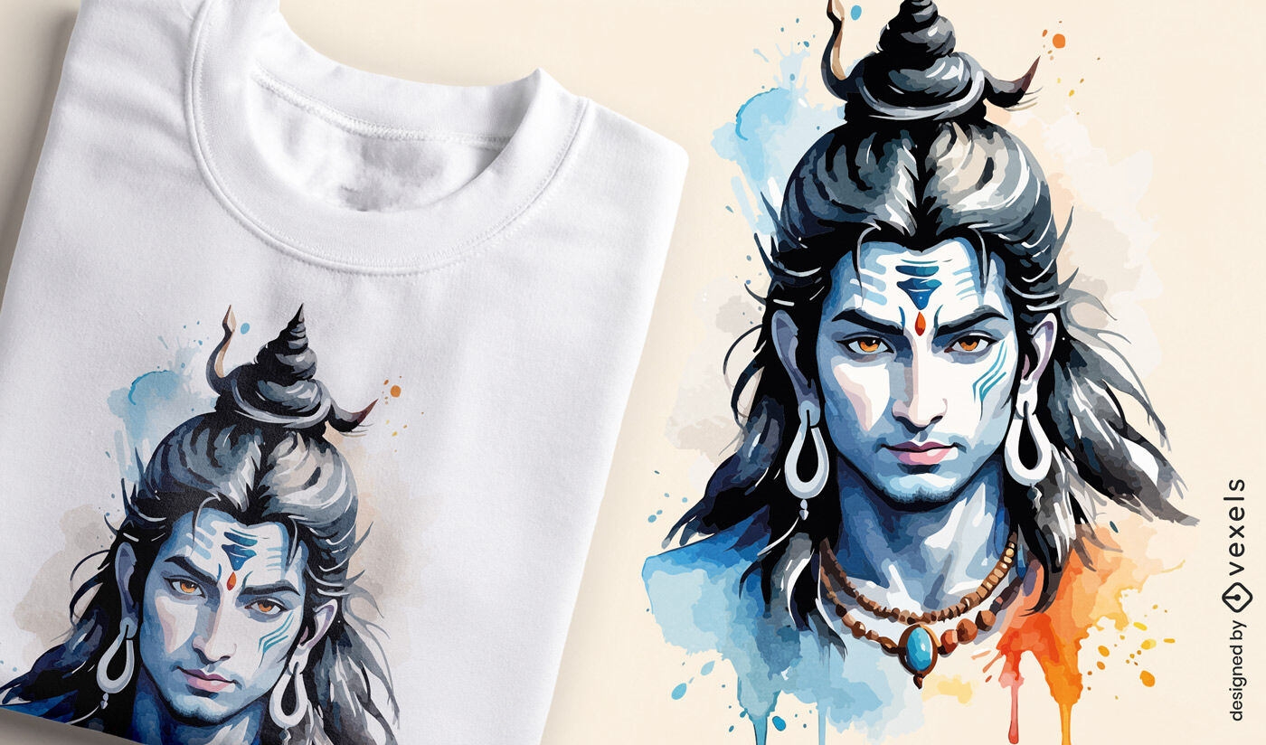 Diseño de camiseta con retrato de Shiva en acuarela.