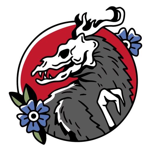 Stilisiertes Totenkopf-Drachen-Emblem mit floralen Akzenten PNG-Design