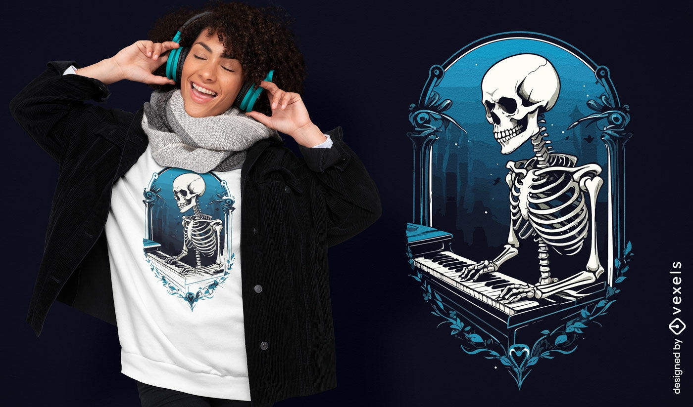 Design de camiseta esqueleto para pianista