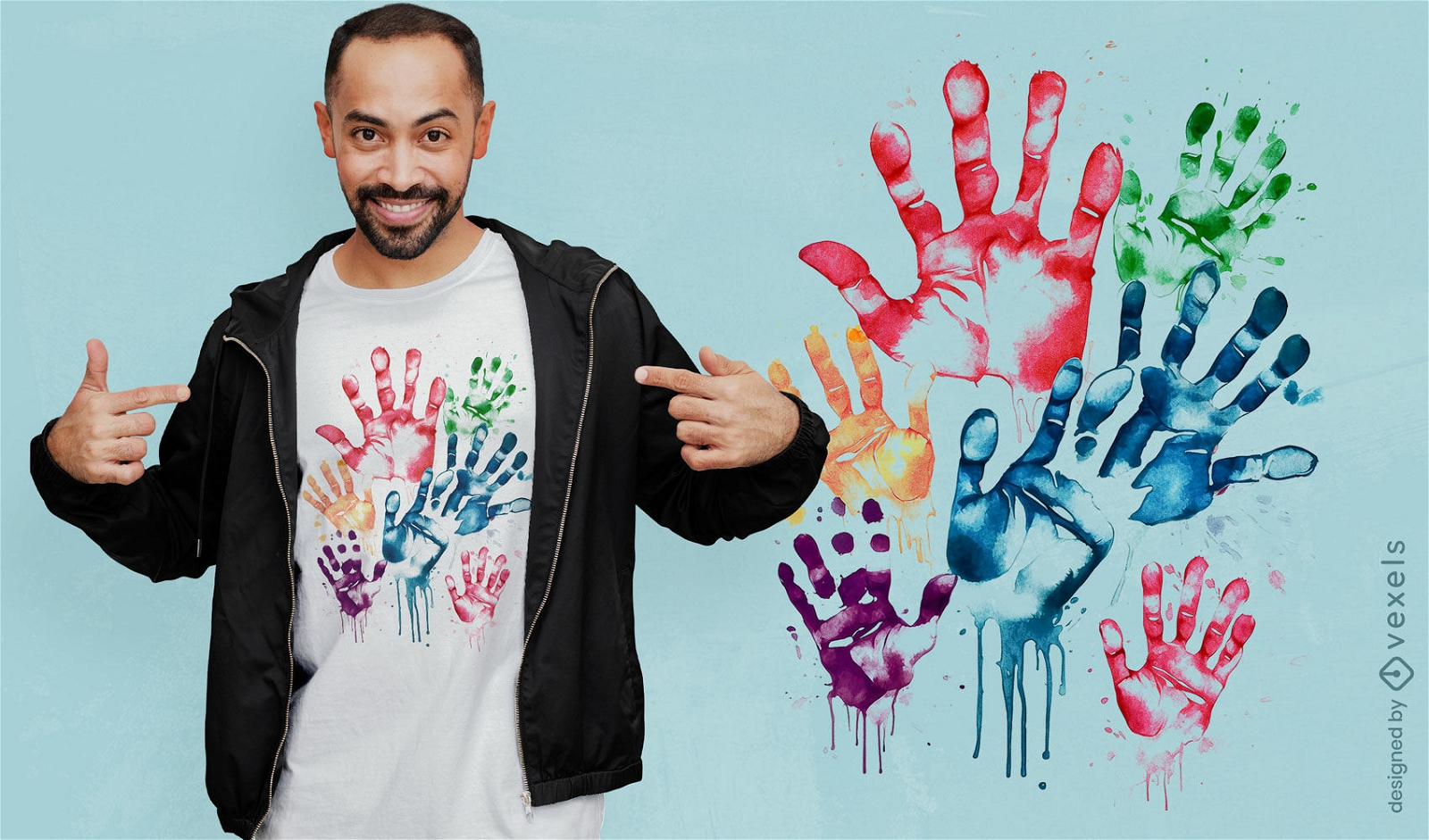 Diseño de camiseta con huellas de manos coloridas.