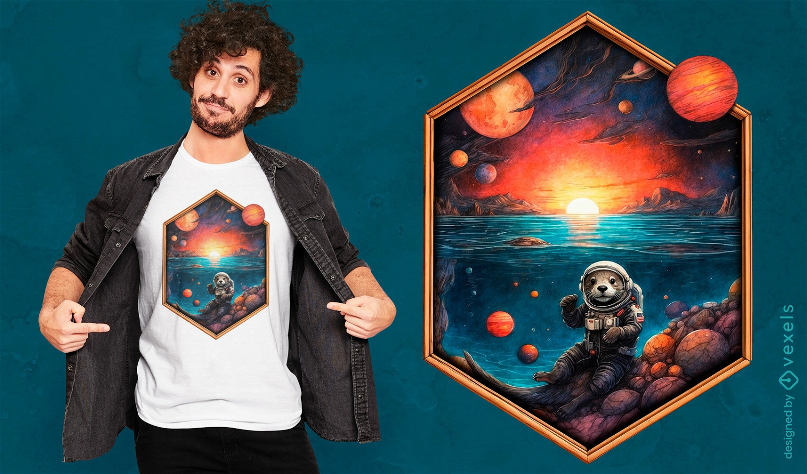 Design de camiseta de astronauta lontra no espaço