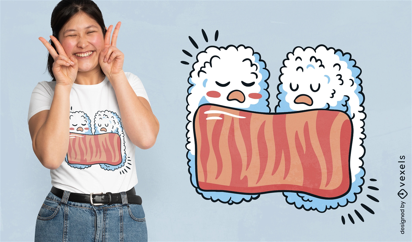 Diseño de camiseta de personajes de sushi durmiendo.