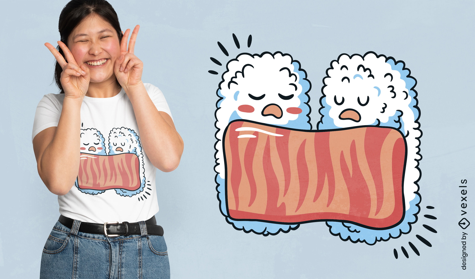 Diseño de camiseta de personajes de sushi durmiendo.