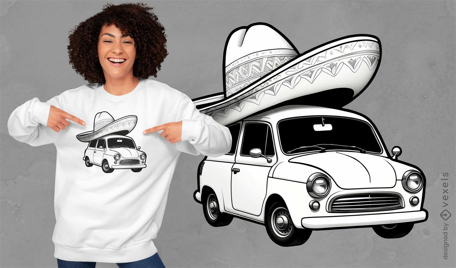 Car with big Mexican hat t-shirt design