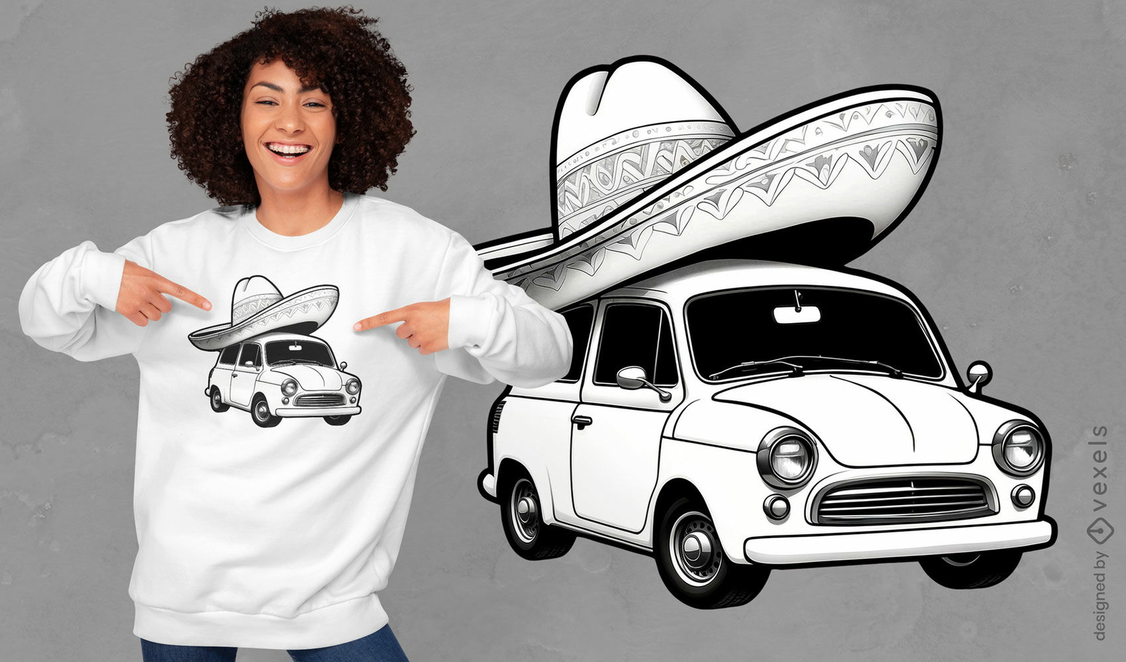 Diseño de camiseta de coche con gran sombrero mexicano.