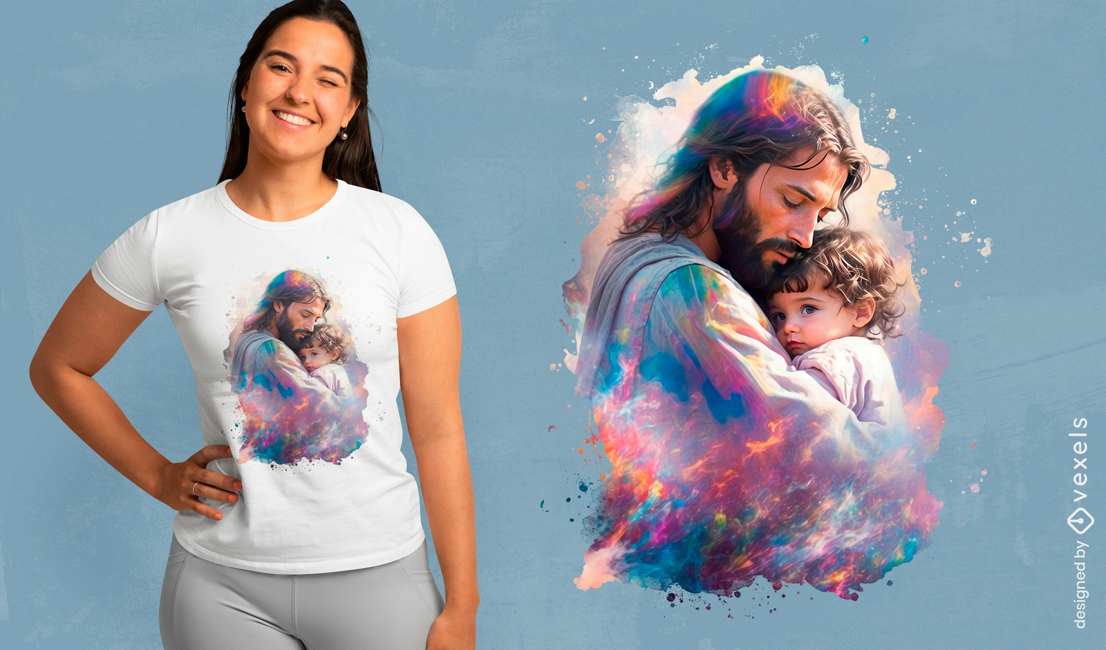 Diseño de camiseta de retrato de Jesús con un niño.