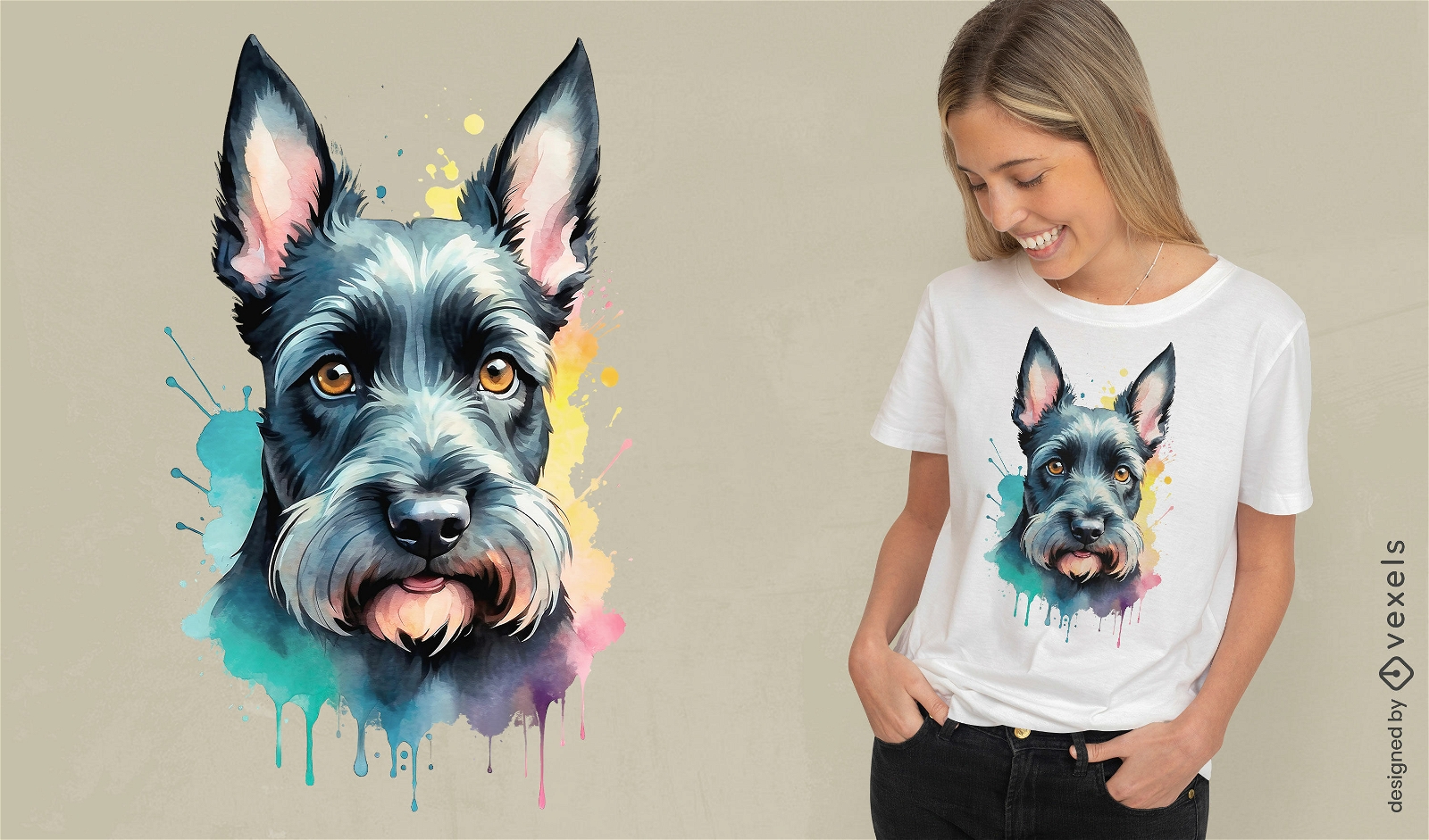 T-Shirt-Design mit Farbspritzern des schottischen Terriers