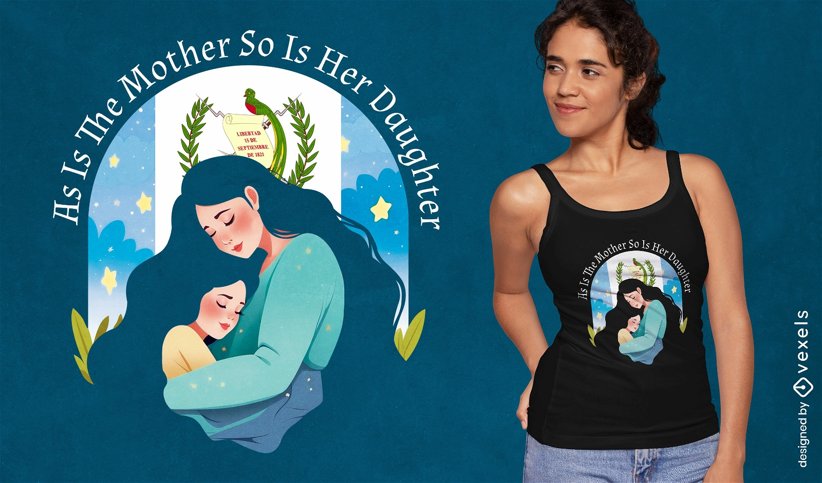 Diseño de camiseta con ilustración de madre e hija guatemaltecas.