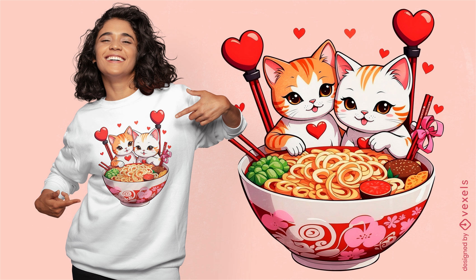 Design romântico de camisetas com gatos e ramen