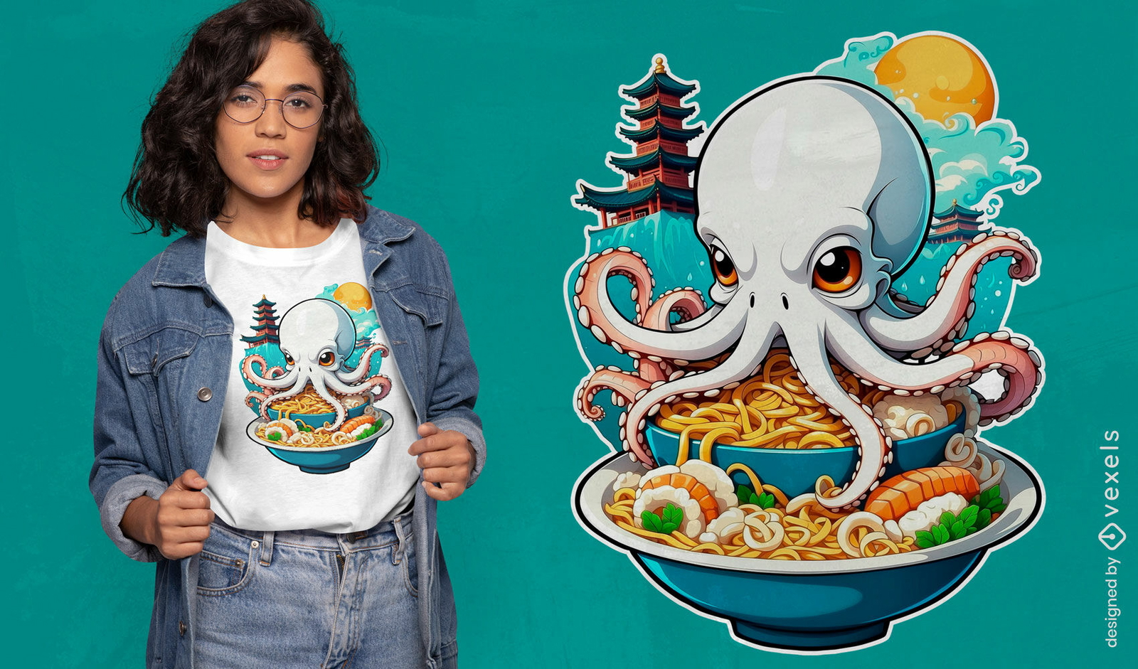 Diseño de camiseta de pulpo en un plato de ramen.