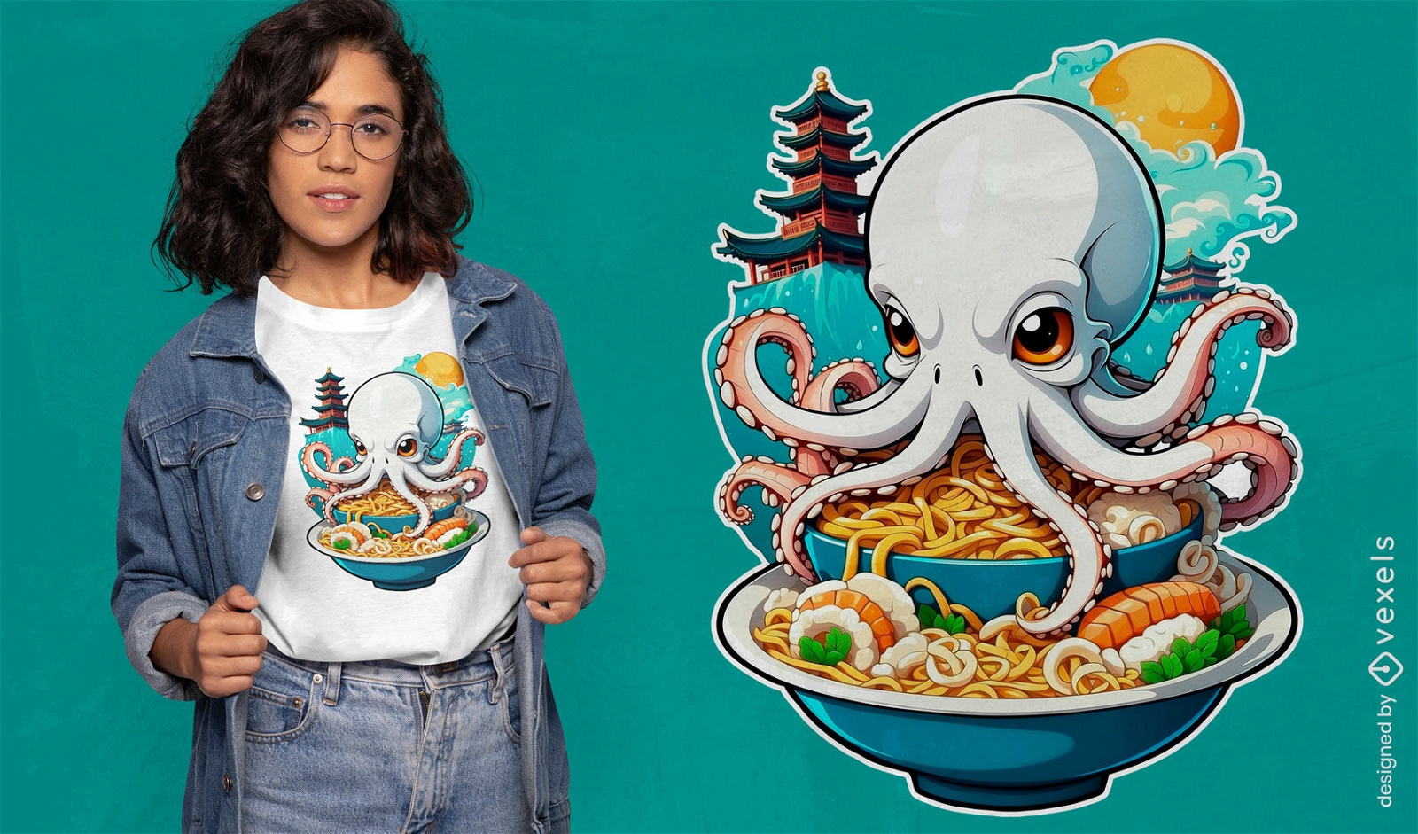 Octopus in a bowl of ramen t-shirt design
