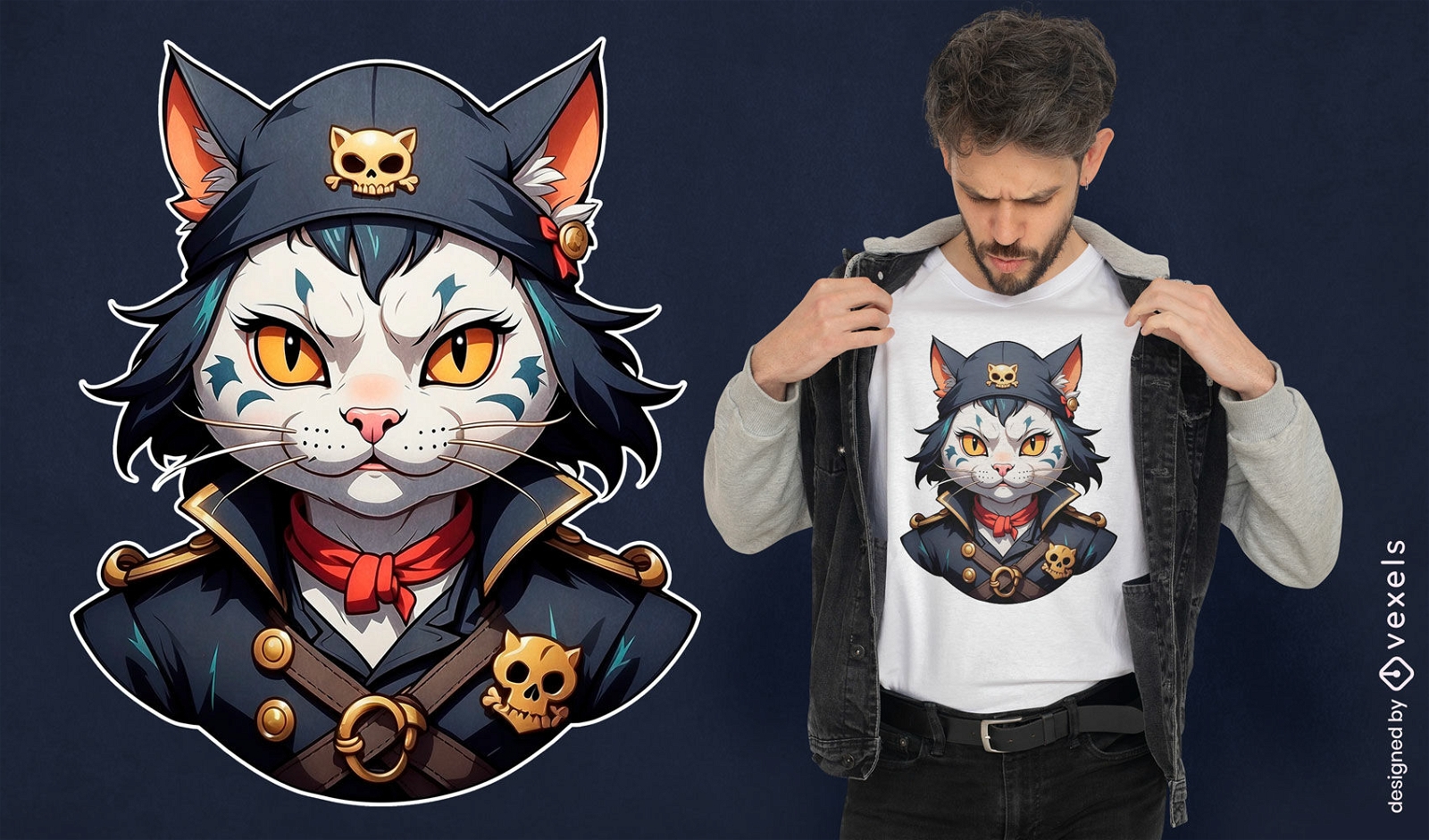 Gato pirata com design de camiseta bandana
