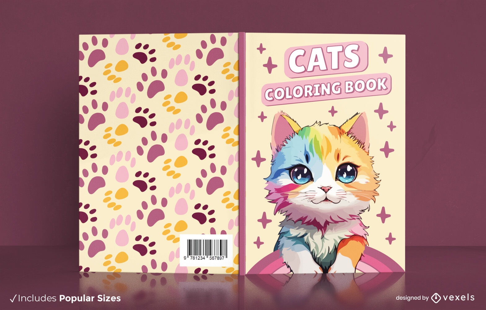 Diseño de portada de libro para colorear de gatito multicolor.