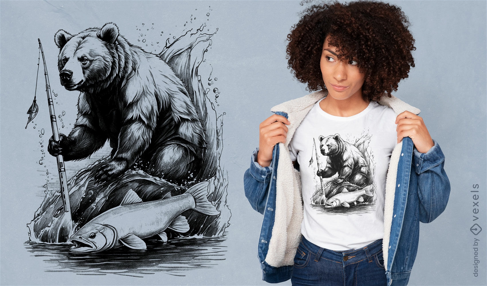 Diseño de camiseta con ilustración de pesca de osos.