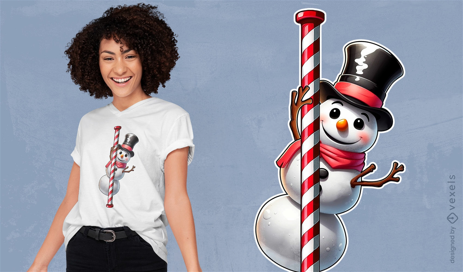 Diseño de camiseta navideña de muñeco de nieve y bastón de caramelo.