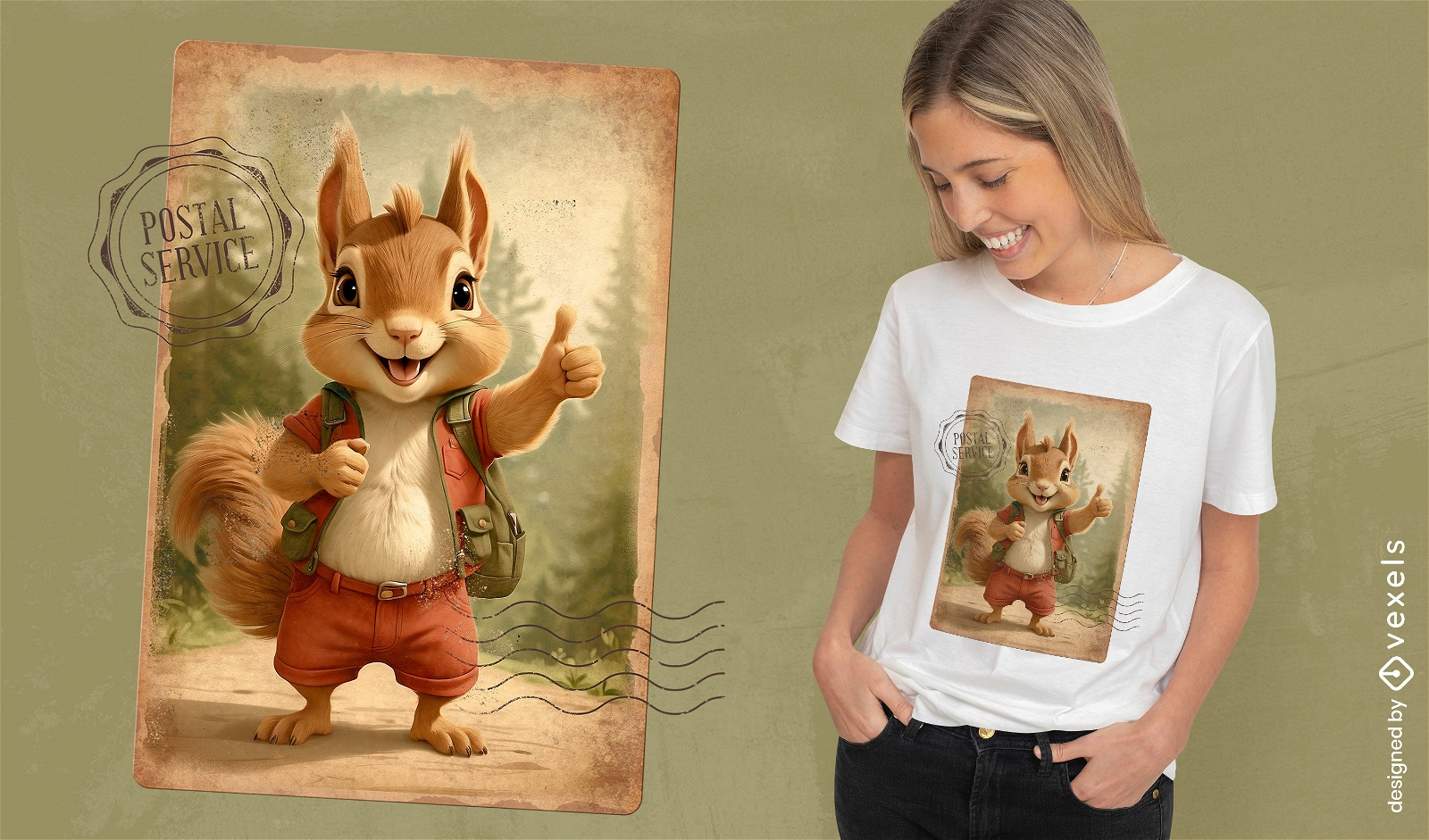 Design de camiseta de cart?o postal de aventura de esquilo