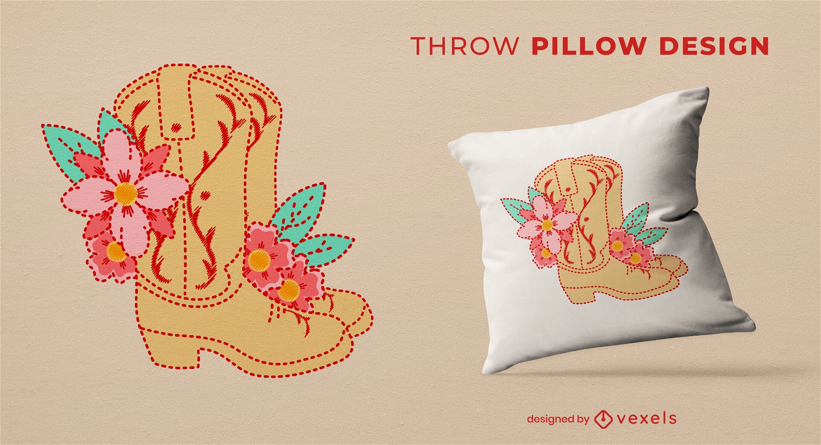 Embroidered cowboy boots throw pillow design