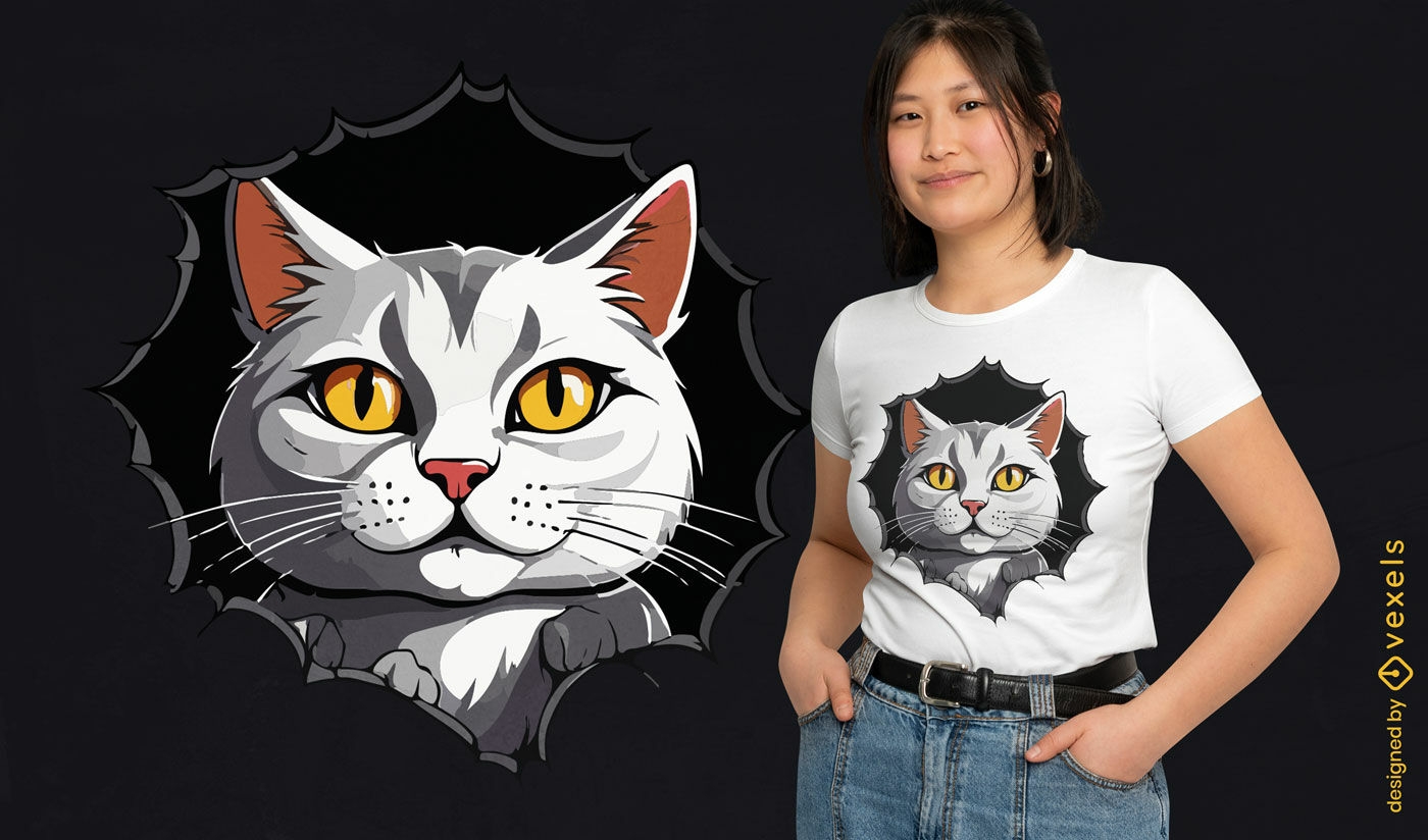 Cat breaking through t-shirt design