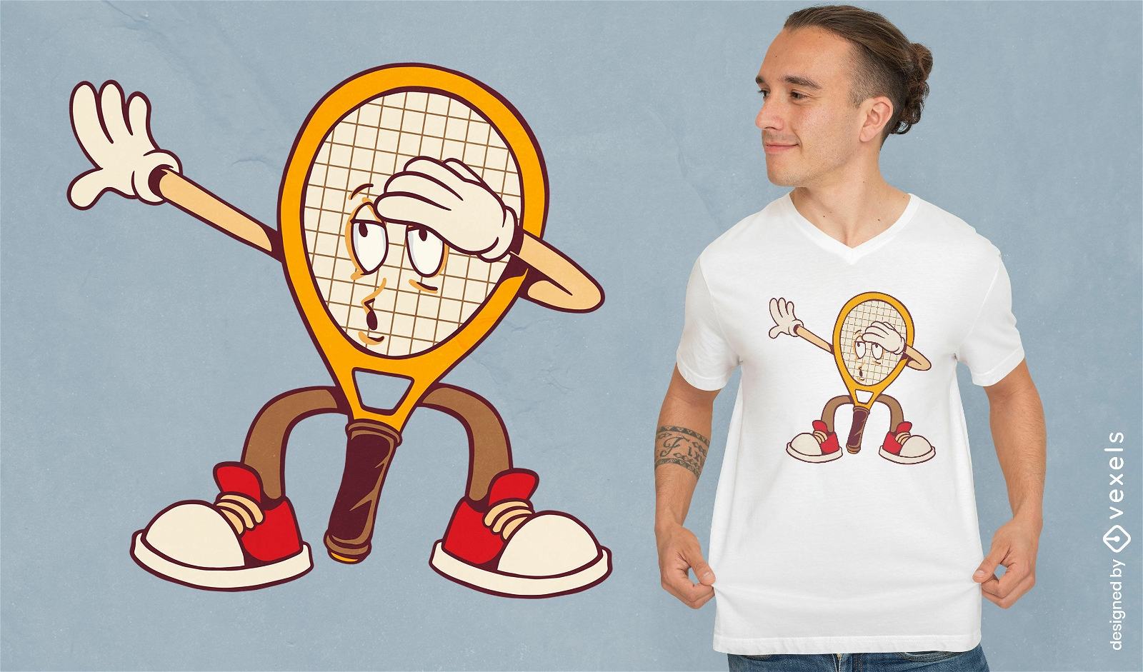 Design de camiseta com personagem de raquete de tênis