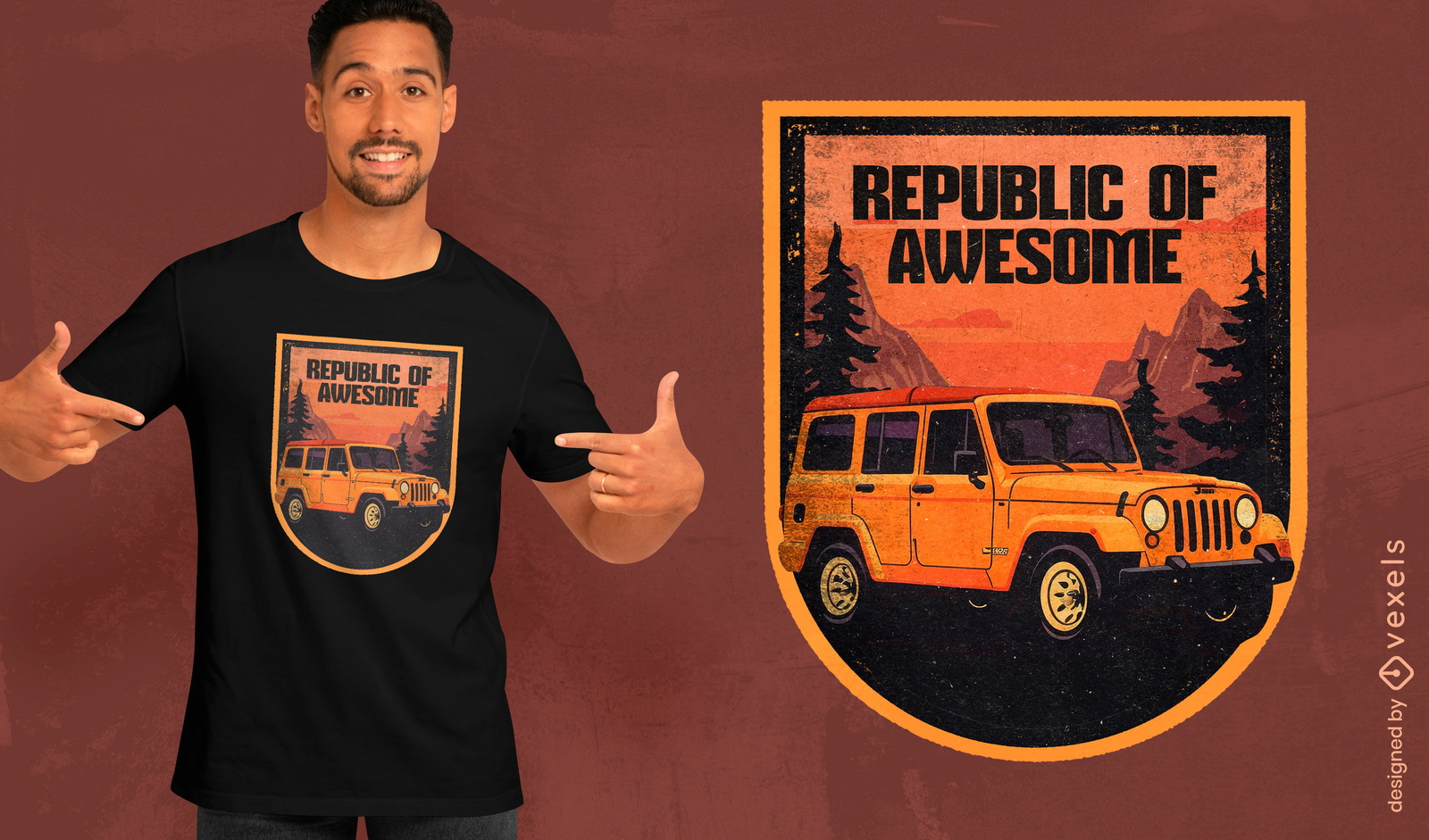 Design retrô de camiseta com emblema offroad do pôr do sol