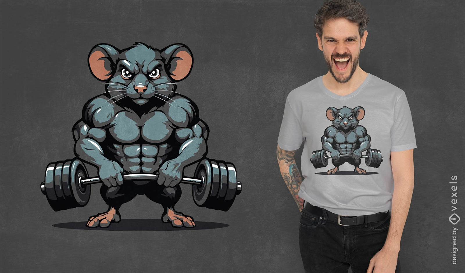 Design de camiseta de rato musculoso com pesos
