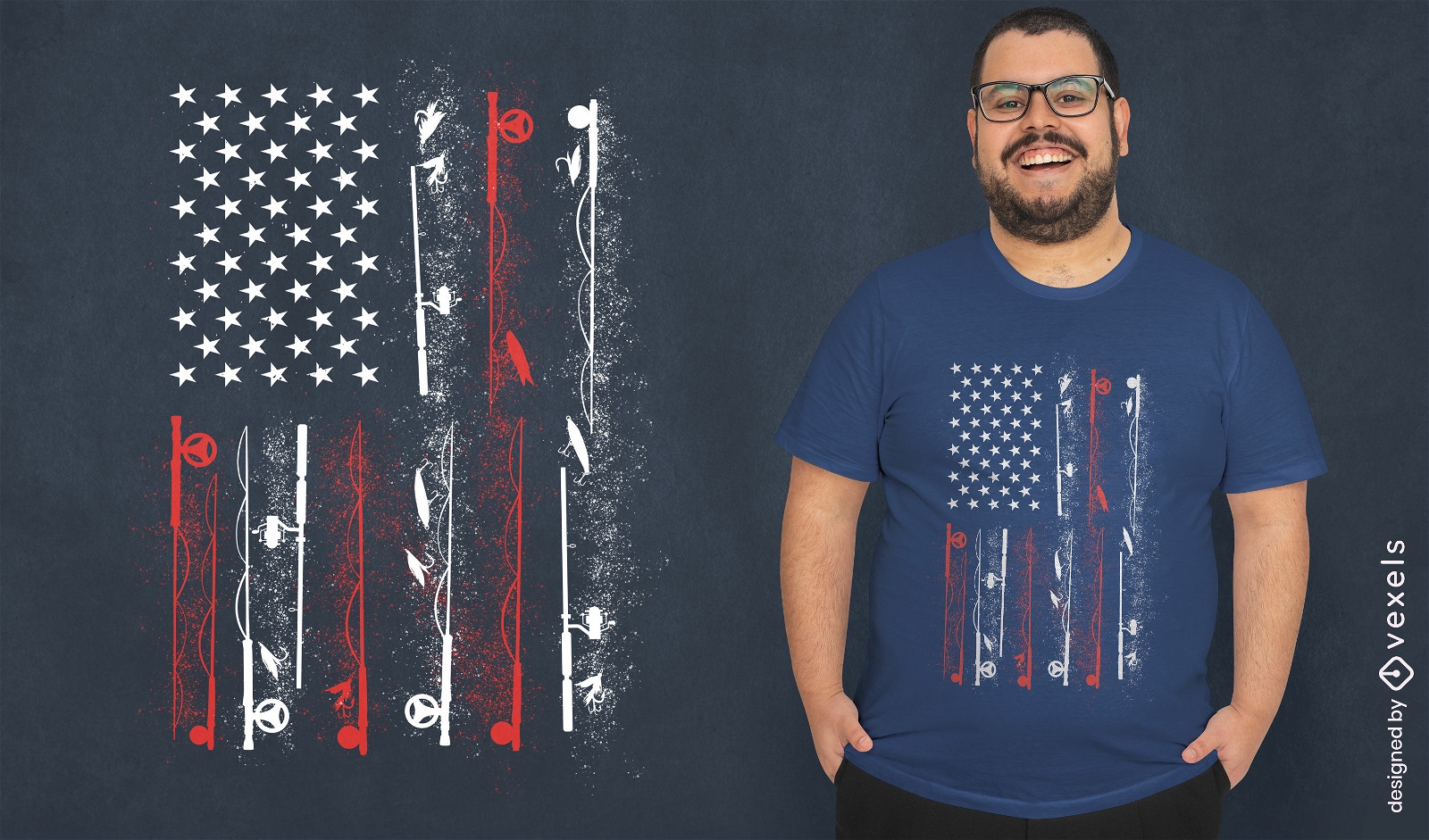 Diseño de camiseta de pez con bandera americana.