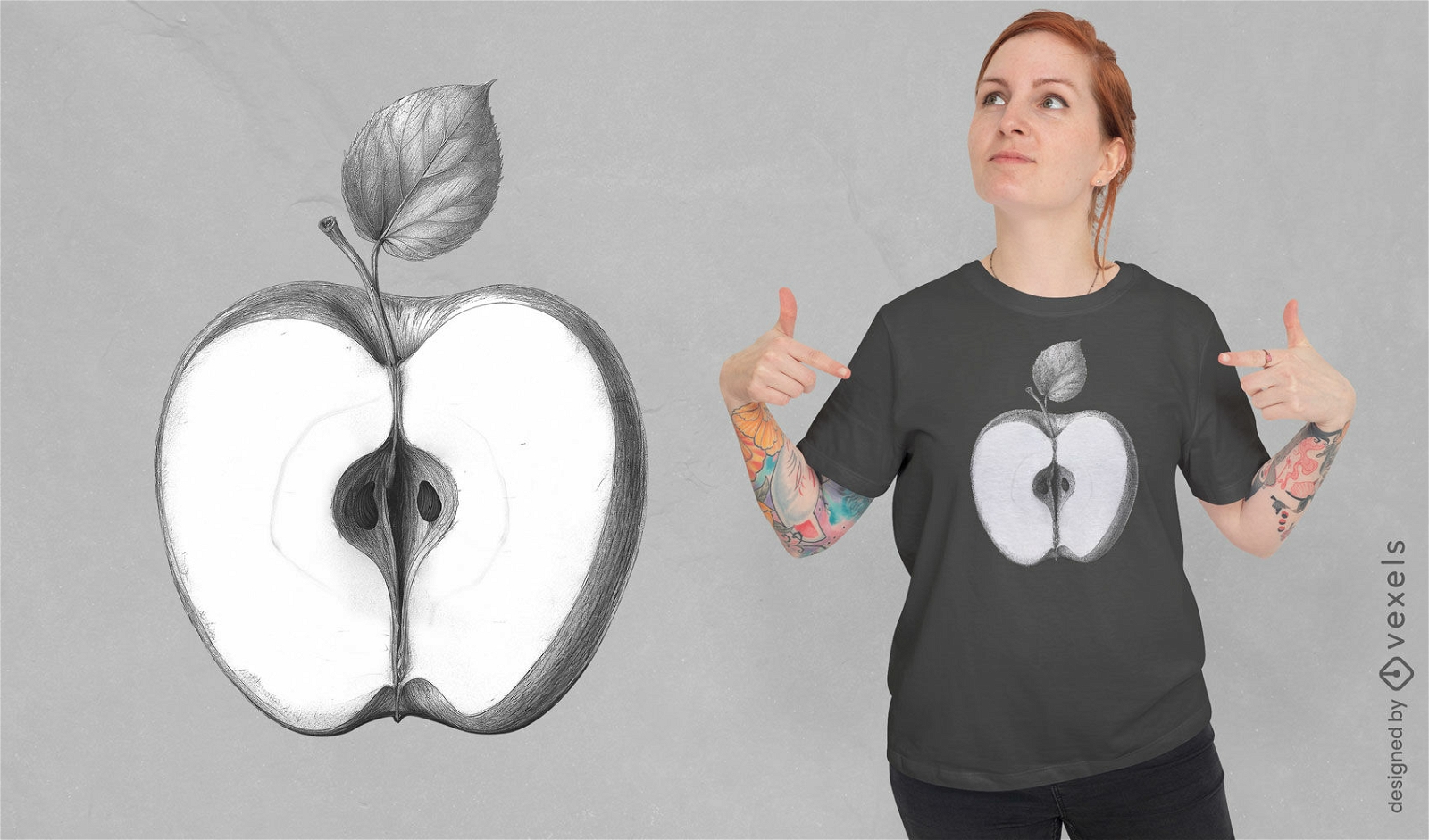 Boceto de media manzana en diseño de camiseta.