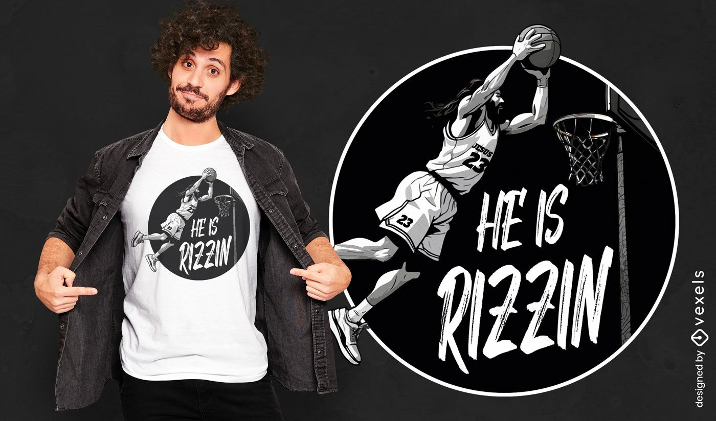 Diseño de camiseta de Jesús jugando baloncesto.
